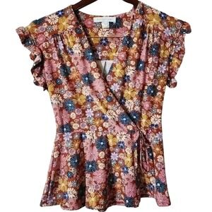 Mauve Floral Wrap Shirt - V-Neck, Cap‎ Sleeves - Medium - NWOT